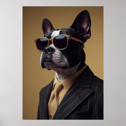 Boston Terrier in Pinstripe Suit and Sunglasses ポスター (正面)