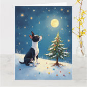 Boston Terrier Midnight Star-Gazing Christmas カード (黄色い花)