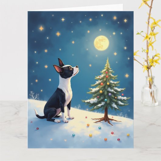 Boston Terrier Midnight Star-Gazing Christmas カード (黄色い花)