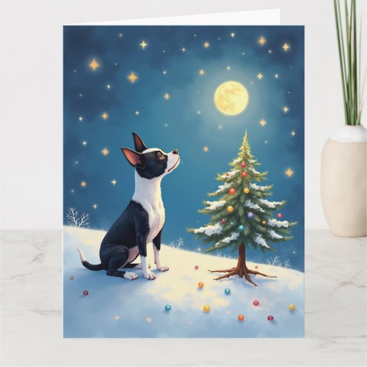 Boston Terrier Midnight Star-Gazing Christmas カード (正面)