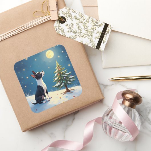 Boston Terrier Midnight Star-Gazing Christmas スクエアシール (ギフト)