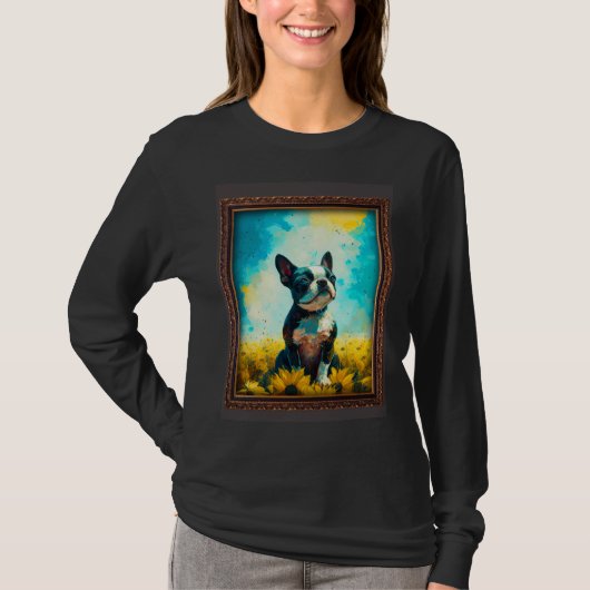 Boston Terrier Painting Sunflower Flower Mom Women Tシャツ (正面)