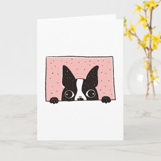 Boston Terrier Peeking カード (黄色い花)