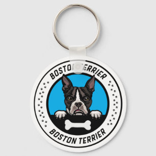 Boston Terrier Peeking Illustration Badge キーホルダー