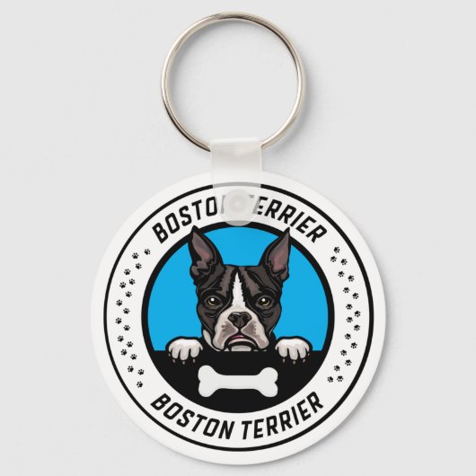 Boston Terrier Peeking Illustration Badge キーホルダー (正面)