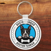 Boston Terrier Peeking Illustration Badge キーホルダー (正面)