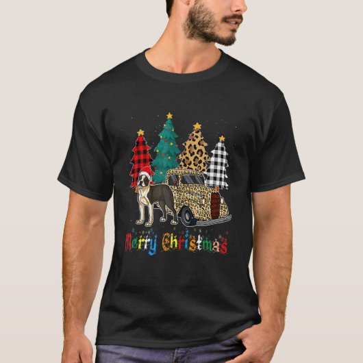 Boston Terrier plaid leopard xmas tree holiday Tシャツ (正面)
