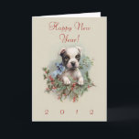 Boston Terrier Puppy - Cute Vintage New Year's Dog シーズンカード<br><div class="desc">Carl Reichert (1836-1918) We can thank Austrian artist Carl Reichert for this adorable painting of a Boston Terrier puppy. Originally published on a Christmas postcard in 1909, we've reproduced the image (with modified background) for our 2012 Happy New Year's card. You can easily personalize this holiday card with both your...</div>