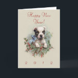 Boston Terrier Puppy - Cute Vintage New Year's Dog シーズンカード<br><div class="desc">Carl Reichert (1836-1918) We can thank Austrian artist Carl Reichert for this adorable painting of a Boston Terrier puppy. Originally published on a Christmas postcard in 1909, we've reproduced the image (with modified background) for our 2012 Happy New Year's card. You can easily personalize this holiday card with both your...</div>