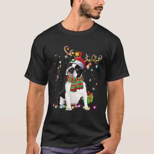 Boston Terrier Reindder Santa Hat Christmas Tree L Tシャツ (正面)