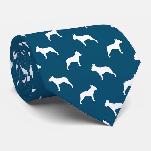 Boston Terrier Silhouettes Pattern Blue and White ネクタイ (ロール)