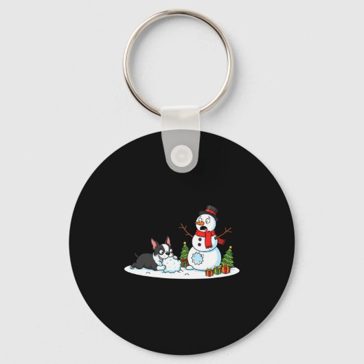 Boston Terrier Snowman Christmas Tree Xmas Womens  キーホルダー (正面)