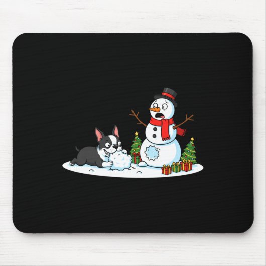 Boston Terrier Snowman Christmas Tree Xmas Womens  マウスパッド (正面)