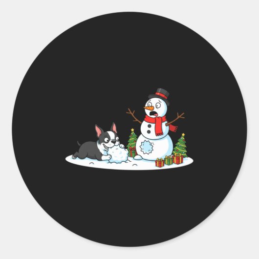 Boston Terrier Snowman Christmas Tree Xmas Womens  ラウンドシール (正面)