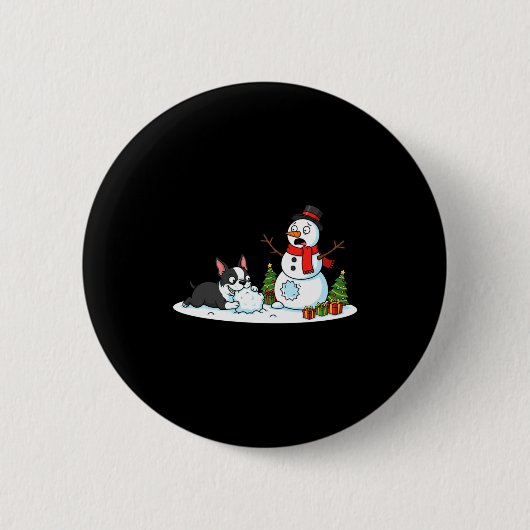 Boston Terrier Snowman Christmas Tree Xmas Womens  缶バッジ (正面)