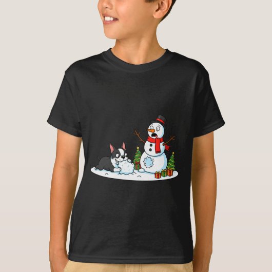 Boston Terrier Snowman Christmas Tree Xmas Womens Tシャツ (正面)