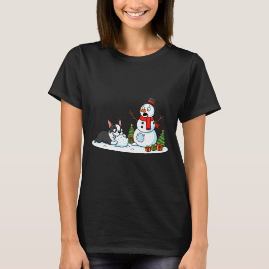 Boston Terrier Snowman Christmas Tree Xmas Womens Tシャツ (正面)