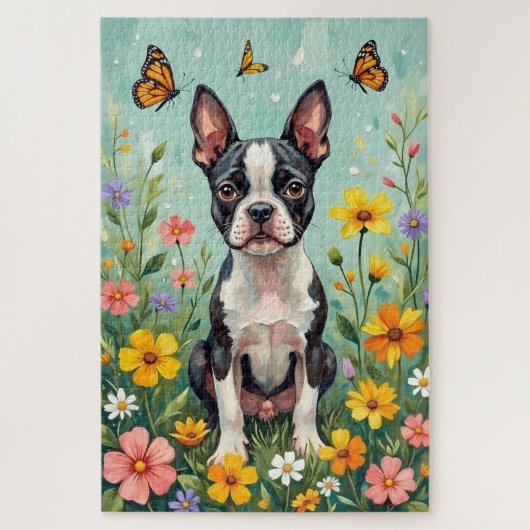 Boston Terrier Spring Botanical Garden Dog ジグソーパズル (縦)