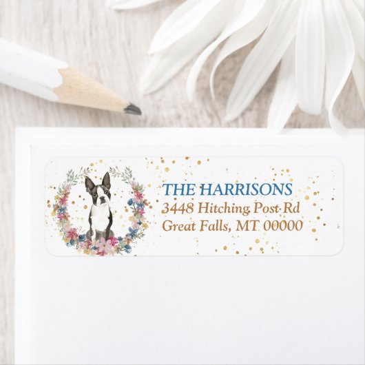 Boston Terrier Spring Flowers Wreath ラベル (インサイチュ)