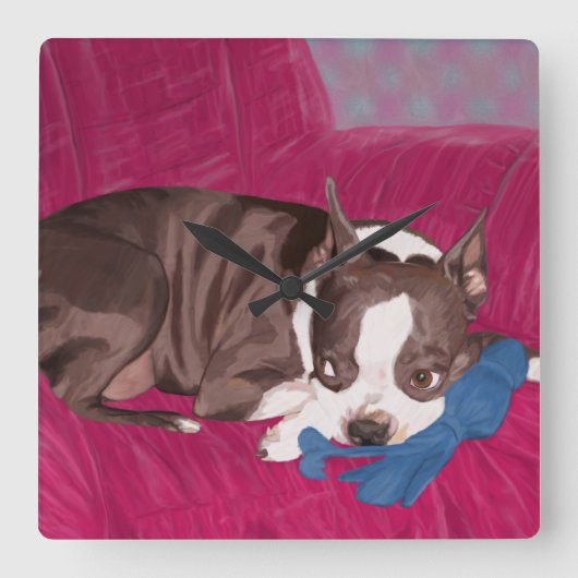 Boston Terrier Staying on Red Couch – デジタル絵を描 スクエア壁時計 (正面)