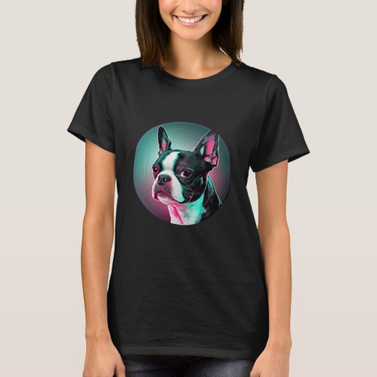 Boston Terrier Synthwave 80s Retrowave Aesthetic Tシャツ (正面)