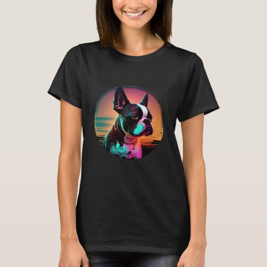 Boston Terrier Synthwave 80s Retrowave Aesthetic   Tシャツ (正面)