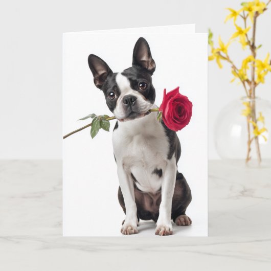 Boston Terrier Valentine – Dapper Love カード (黄色い花)