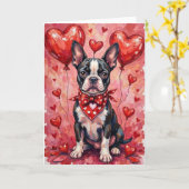 Boston Terrier Valentine’s Day Dog with Hearts Red カード (黄色い花)