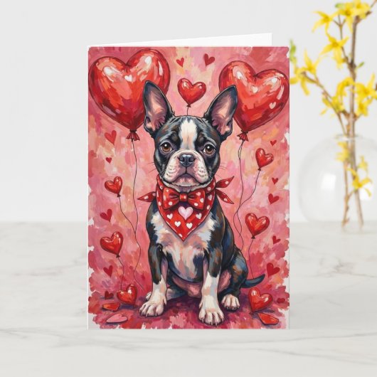 Boston Terrier Valentine’s Day Dog with Hearts Red カード (黄色い花)