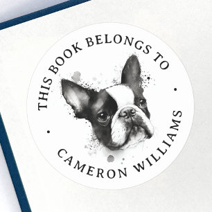 Boston terrier watercolor book label ラウンドシール