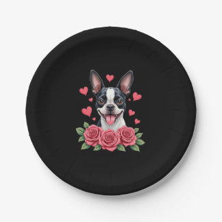 Boston Terrier with Red Roses Hearts Valentine�s D ペーパープレート