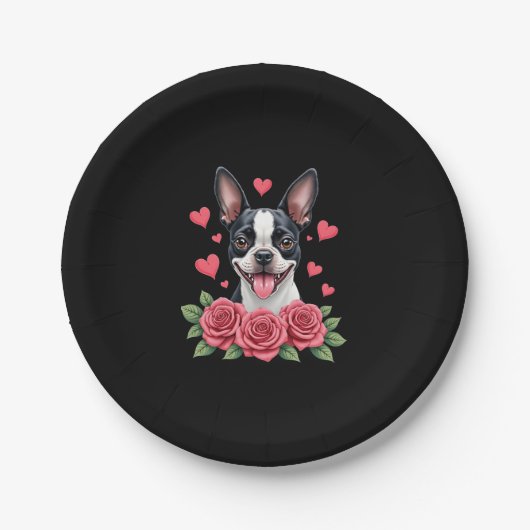 Boston Terrier with Red Roses Hearts Valentine�s D ペーパープレート (正面)