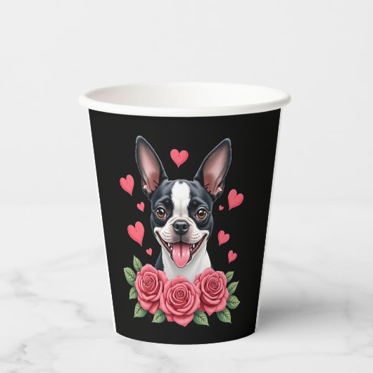 Boston Terrier with Red Roses Hearts Valentine�s D 紙コップ (正面)