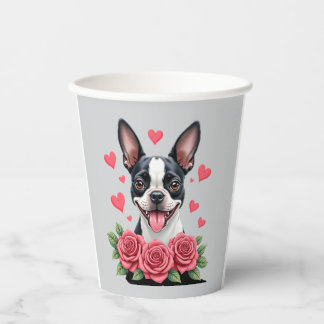Boston Terrier with Red Roses Hearts Valentine�s D 紙コップ