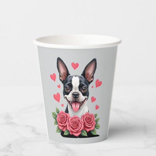 Boston Terrier with Red Roses Hearts Valentine�s D 紙コップ (正面)