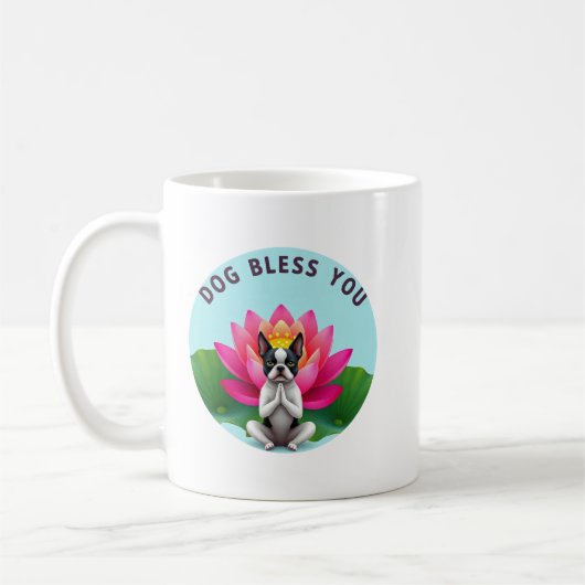 Boston Terrier Yoga Meditating Dog Bless You Zen  コーヒーマグカップ (左)