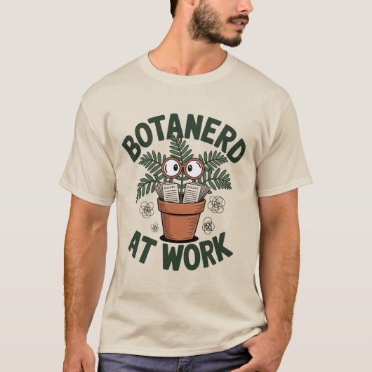Botanerd at Work Green おもしろい Plantおたく漫画 Tシャツ (正面)