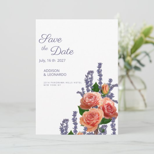 Botanic lavender peach rose flowers Save the Date  招待状 (スタンド正面)