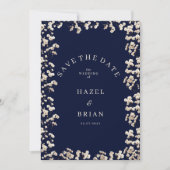 Botanic navy blue ivory gypsophila Save the Date 招待状 (正面)