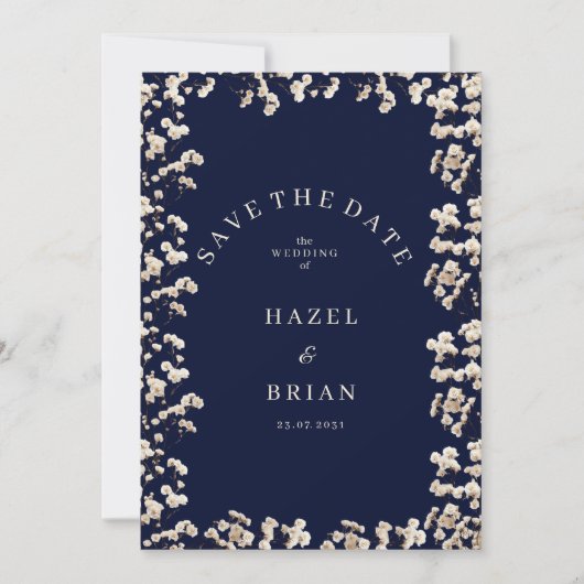 Botanic navy blue ivory gypsophila Save the Date 招待状 (正面)