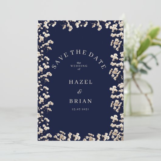 Botanic navy blue ivory gypsophila Save the Date 招待状 (スタンド正面)