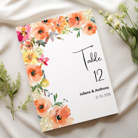 Botanic orange yellow summer floral Table Numbers 招待状