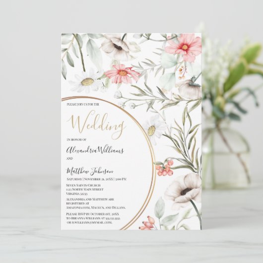 Botanic pink mint gold geometric floral Wedding 招待状 (スタンド正面)