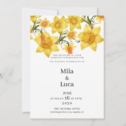 Botanic Spring Golden Daffodil Flowers Wedding  招待状 (正面)