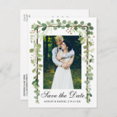 Botanical エレガント Green Photo Save The Date 案内ポストカード (正面/裏面)