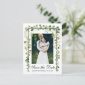 Botanical エレガント Green Photo Save The Date 案内ポストカード (スタンド正面)
