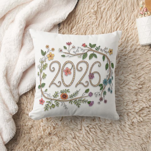 Botanical 2026 Typography with Flowering Vines クッション (ブランケット)