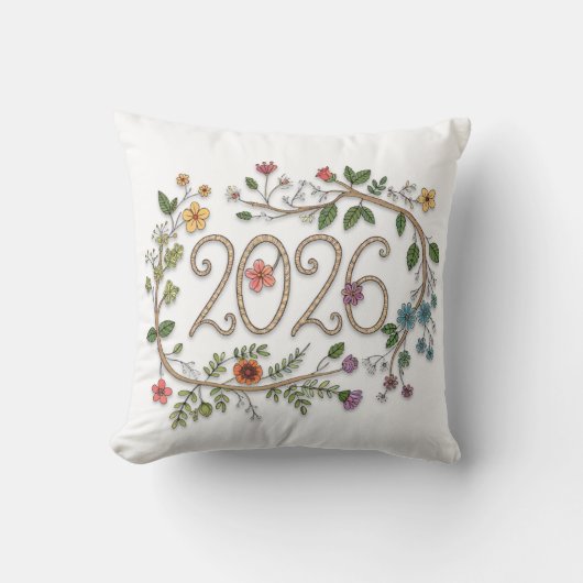 Botanical 2026 Typography with Flowering Vines  クッション (正面)