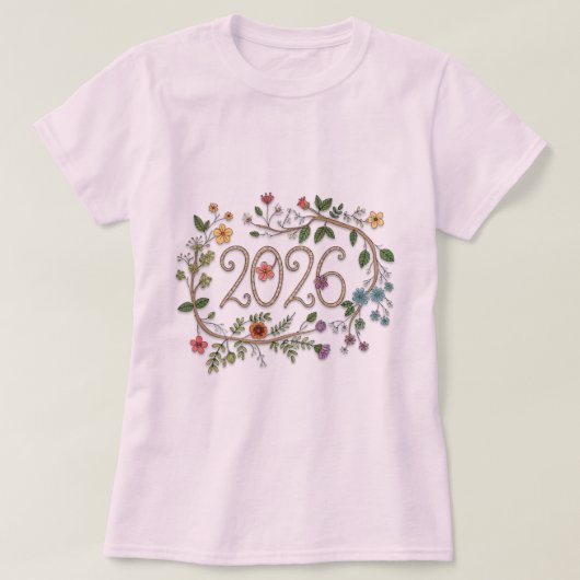 Botanical 2026 Typography with Flowering Vines  Tシャツ (デザイン正面)