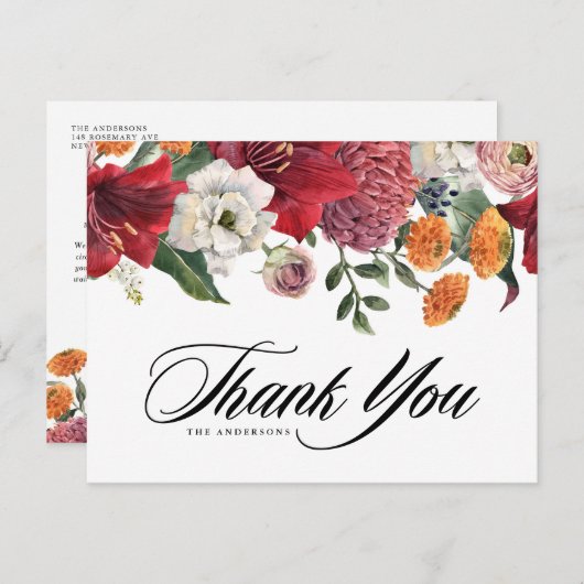 Botanical Amaryllis and Mums 結婚's Thank You ポストカード (正面/裏面)